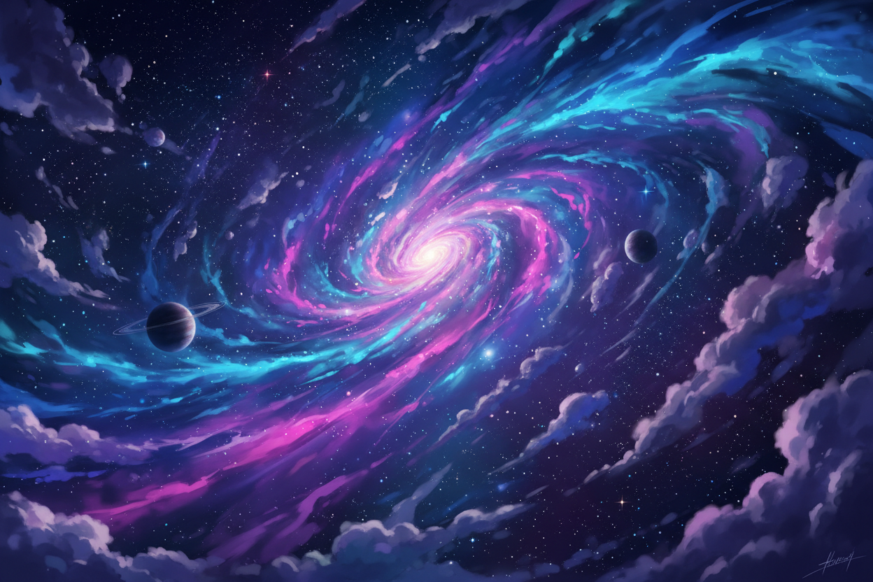 create a beautiful night sky filled of galaxy colors that is very pretty in a anime style 